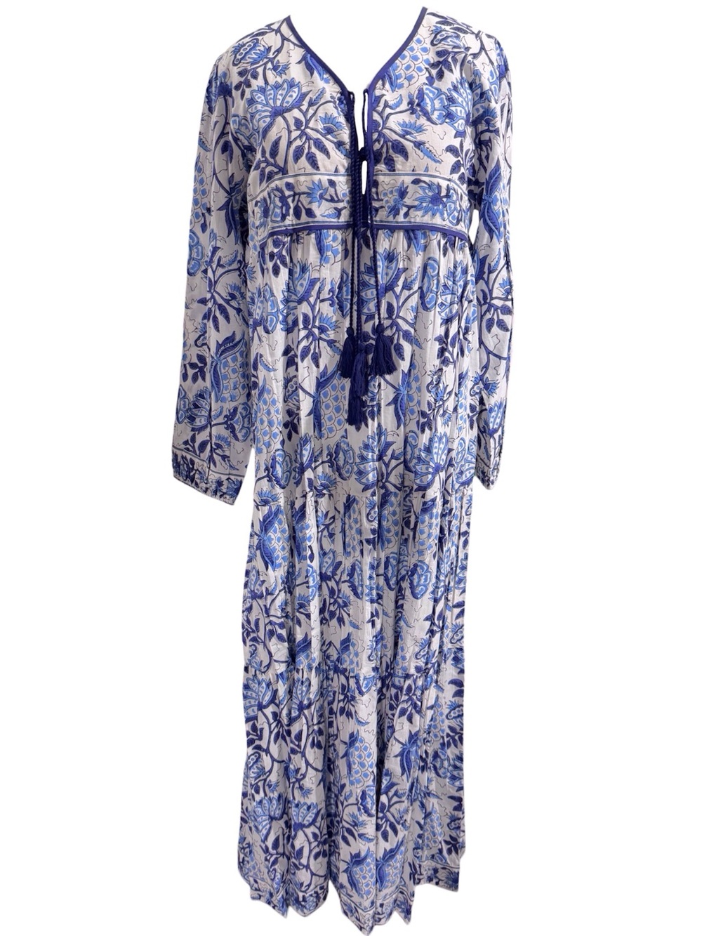 Karni Blue & White Cotton Floral Printed Maxi Dress Size Medium